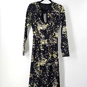 Marciano Black w Green Dark Forest‎ Floral Deep Whimsigoth Vneck Maxi Dress